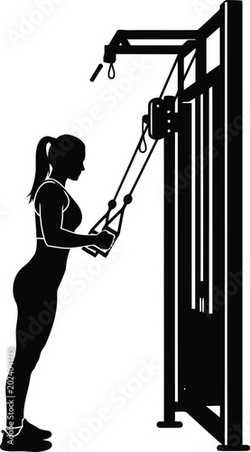 Slika na platnu Silhouette of woman exercising on cable machine in gym, strength training and fi