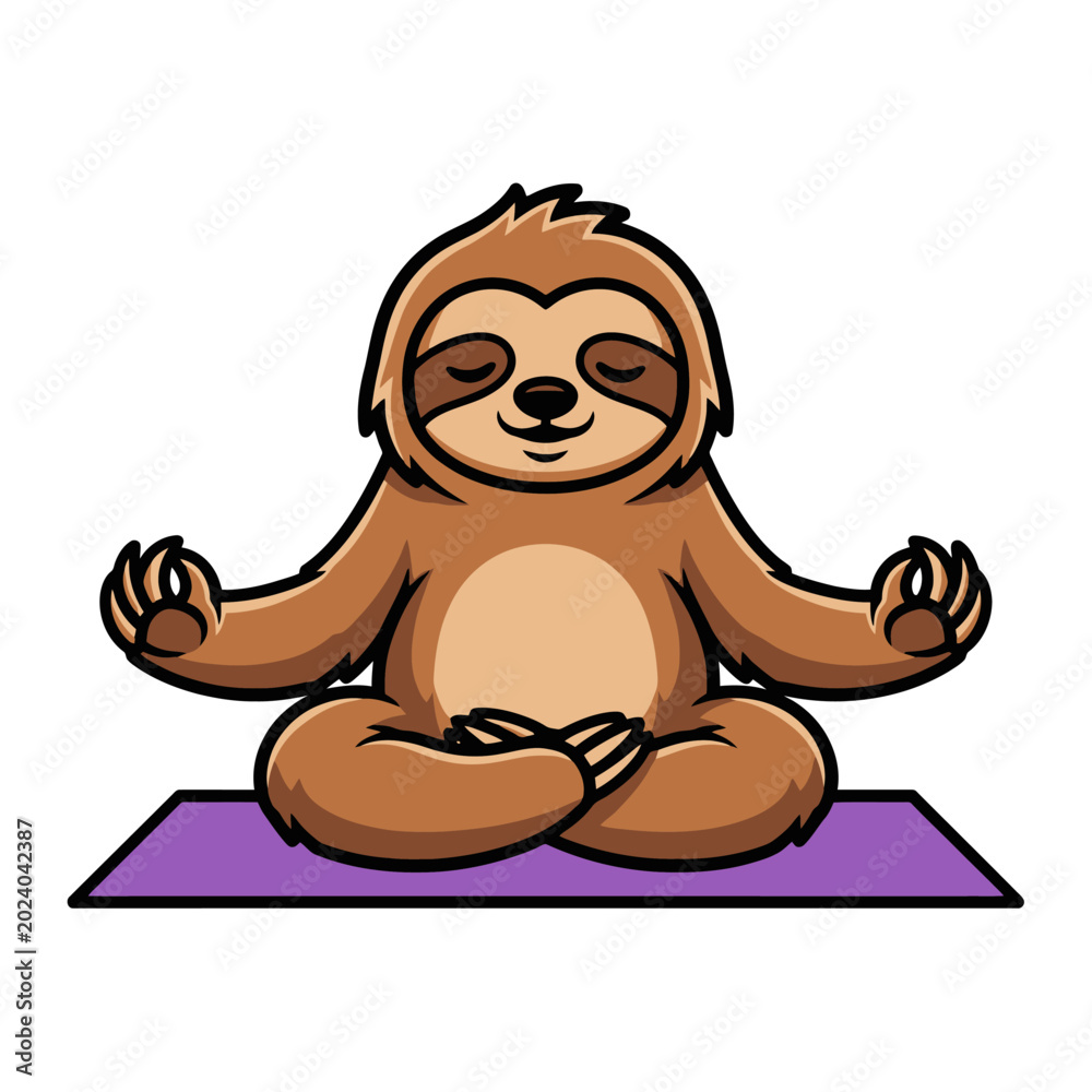 Fototapeta premium Cute Cartoon Sloth Meditating on Yoga Mat.