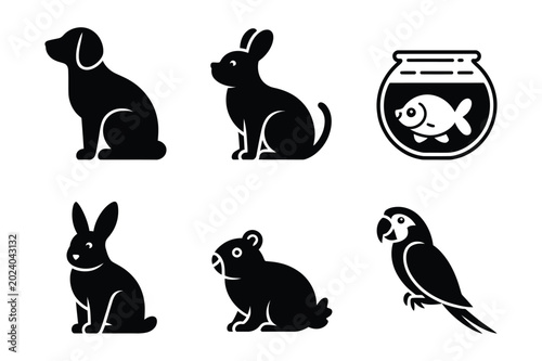 Tableau sur toile Diverse collection of common pet animals silhouettes icons set with companion