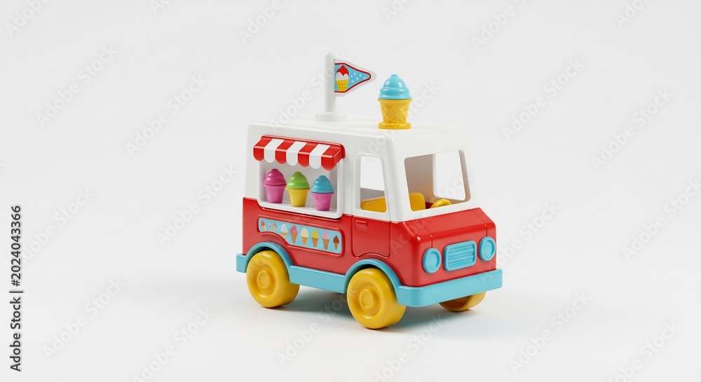 Fototapeta premium Playful red toy ice cream truck delivers a whimsical charm in a brightly lit clean studio shot. AI Generated