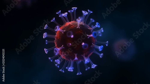 3D illustration of a coronavirus cell or generic virus particle with prominent spike proteins floating in a dark blue microscopic environment.
