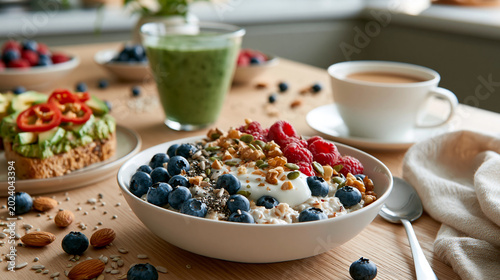 Healthy Breakfast Bowl with Yogurt Granola Berries and Green Smoothie beside Avocado Toast
