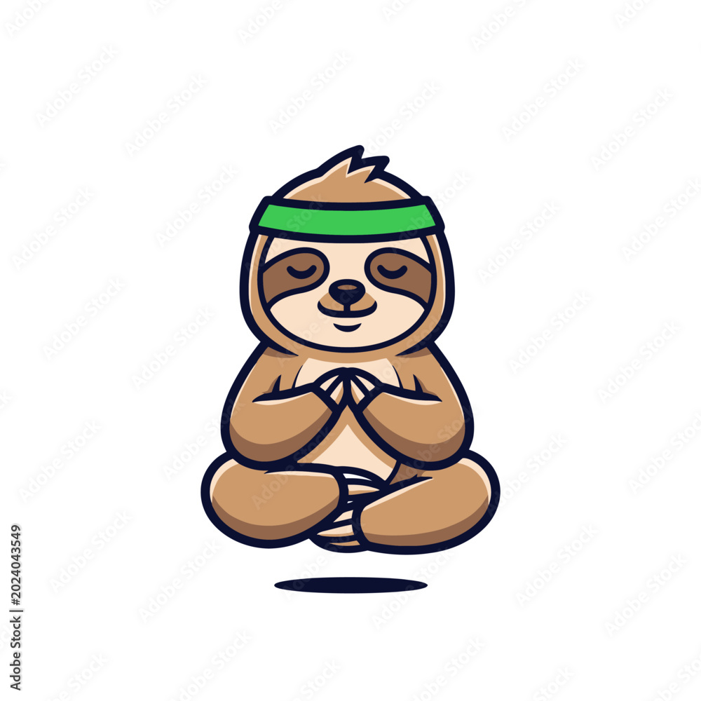 Fototapeta premium Cute Sloth Meditating with Green Headband Cartoon Illustration.