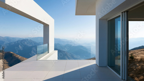 Minimal Modern Villa Terrace with White Architecture and Panoramic Mountain View