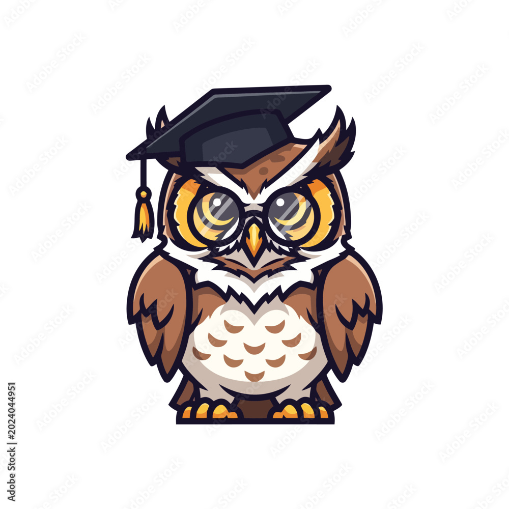 Naklejka premium Wise Owl Graduate Wearing Mortarboard Cap Illustration.