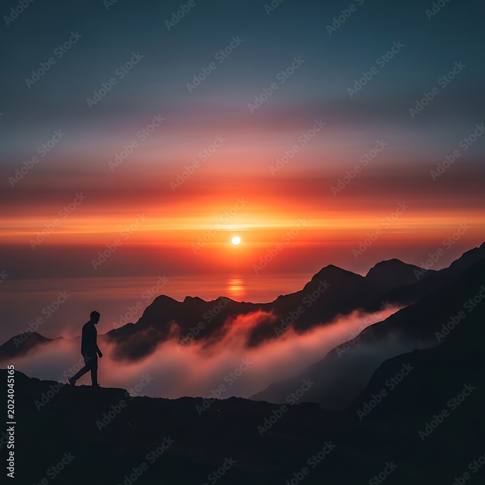 Fototapeta premium Solitary silhouette walks along mountain ridge as sun sets over distant water body