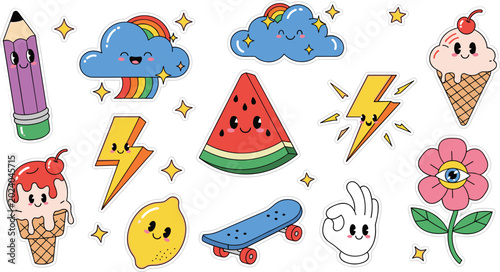 Cute Retro Groovy Cartoon Character Sticker Set with Watermelon Ice Cream Lightning Cloud and Skateboard on White Background