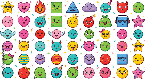 Quadro em tela Cute Colorful Kawaii Emoji Face Character Sticker Set with Funny Expressions and