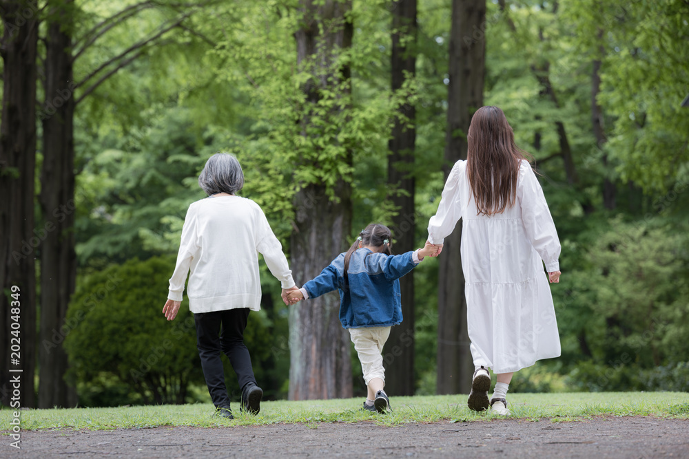 Fototapeta premium 春の新緑の公園で遊ぶおばあちゃんとお母さんと手を繋ぐ歩く寄り添う全身の後ろ姿顔無し 