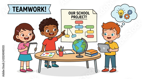 Children collaborating on school project, teamwork, brainstorming ideas
