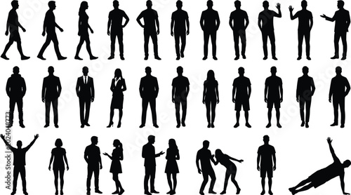 Tableau sur toile People silhouettes mega set with standing walking talking and dynamic lifestyle