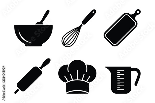 Collection of kitchen utensils silhouettes for cooking and baking with equipment