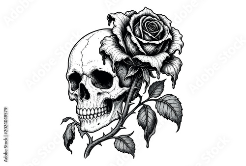Cuadro en lienzo Skull with a rose flower.