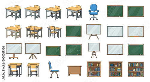 Collection of various school and office furniture, including desks, chairs, blackboards, whiteboards, and bookshelves.