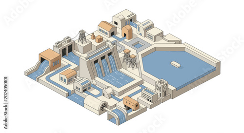 Quadro em tela Isometric Hydroelectric Power Plant and Water Management System.