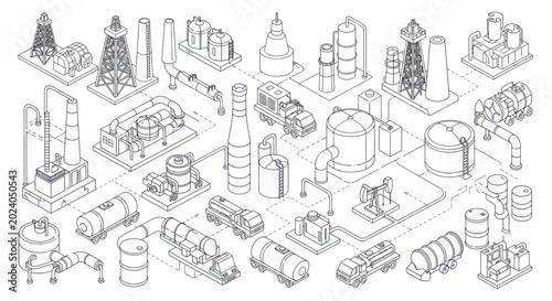 Foto Isometric Industrial Buildings and Factory Elements Line Art Collection