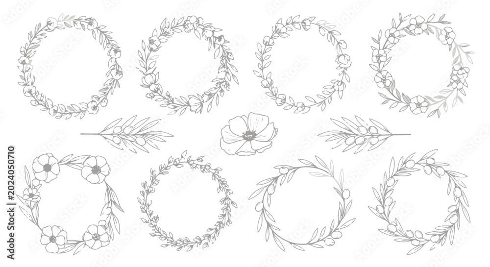 Fototapeta premium Elegant Hand Drawn Floral Wreaths and Botanical Elements Collection.
