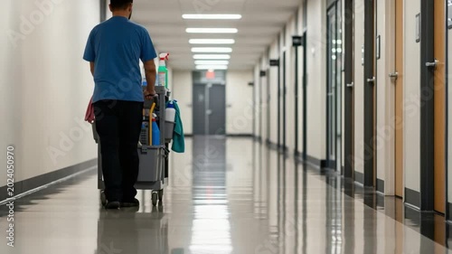 Male healthcare facility sanitation worker pushing a cleaning cart in a bright hospital hallway