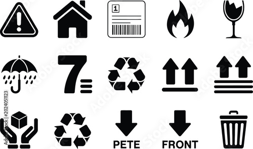 Collection of black shipping and handling including warning triangle house barcode fire flame broken glass umbrella rain number seven recycling arrows upward arrows fragile package hands p e t e label