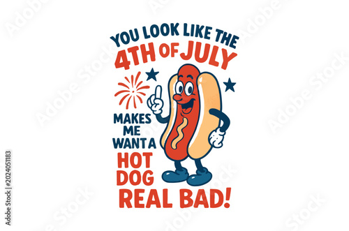 Εκτύπωση καμβά Cartoon hot dog character with patriotic text for fourth of july