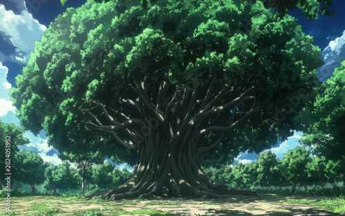 A large tree with a thick trunk and lush green leaves stands in a serene natural landscape