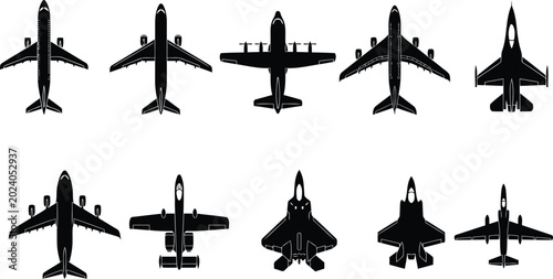 Quadro su tela Collection of silhouetted airplanes viewed from above with landing gear airplane