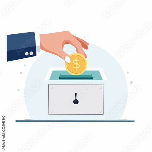 Hand depositing a gold coin with dollar sign into a safe