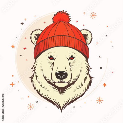 Polar Bear Wearing a Red Beanie Hat