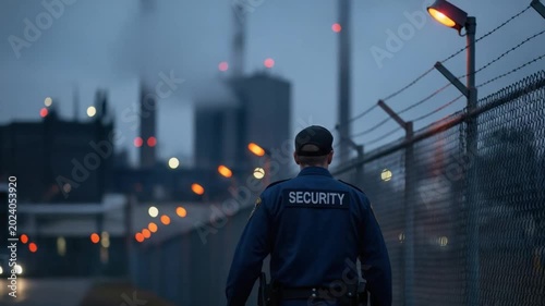 Caucasian male security officer guarding critical infrastructure facility at dusk