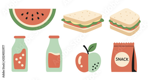 Bild auf Leinwand Healthy Lunchbox Items with Watermelon Sandwich and Juice.