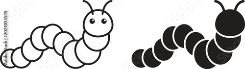 Foto Cute caterpillar vector icon set featuring simple line and black silhouette versions isolated on a white background