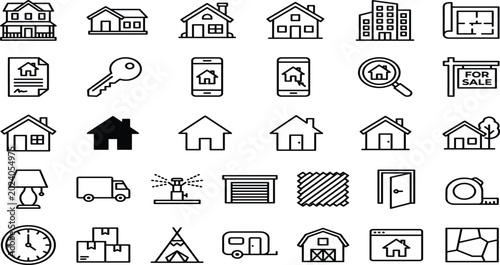 Obraz na płótnie Real estate line icon set featuring houses property mortgage key moving truck blueprint and home search elements