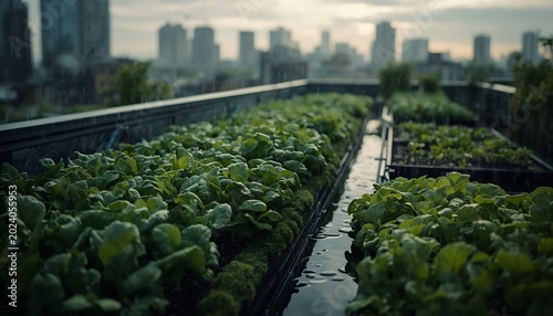 Urban rooftop farming ecosystem collecting natural rainwater sustainably