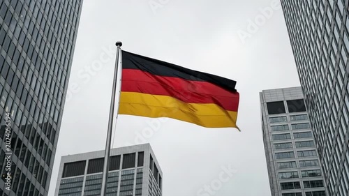 German Flag Waving Between Modern Corporate Skyscrapers in Financial District