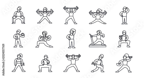 Foto Diverse collection of hand-drawn stick figures engaged in various fitness and weightlifting exercises