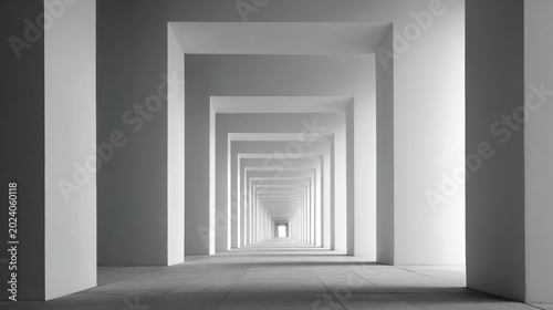 vanishing. An endless grey and white corridor with identical repeating doorways. real-estate listings, architecture portfolios, designed for real-estate listing and luxury residence showcases.