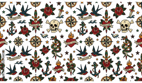 Foto Old school tattoo seamless pattern pro vector with traditional vintage tattoo sy