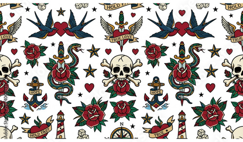 Bild auf Leinwand Old school tattoo seamless pattern pro vector with traditional vintage tattoo sy