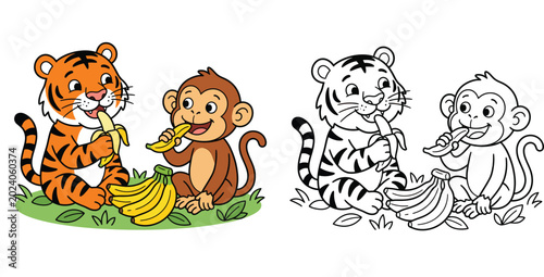 Photography Cute Tiger Cub and Monkey Eating Bananas Together - Adorable Cartoon Friends Sha