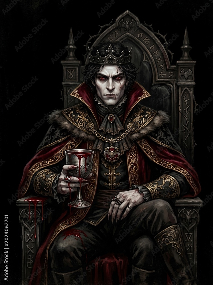 Obraz premium Dark Gothic Vampire King Sitting on an Ancient Throne Holding a Chalice.