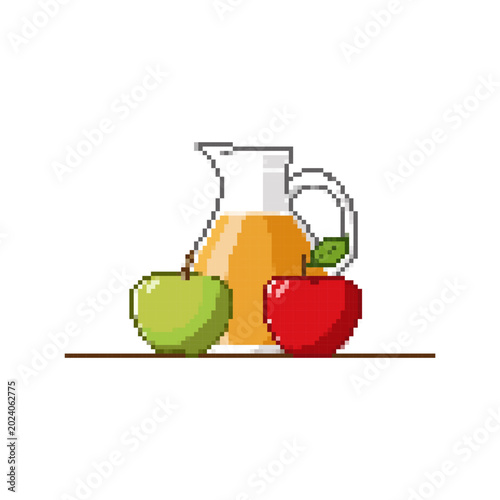 Calm pixel art apple juice pitcher and fresh fruit illustration