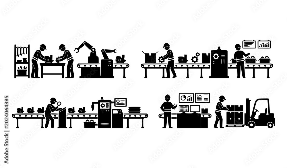 Fototapeta premium Factory production line silhouettes vector collection with assembly workers isolated on white