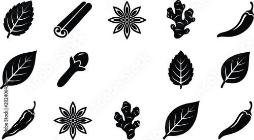 Tableau sur toile Culinary spices and aromatic herbs black silhouette icons set with chili ginger