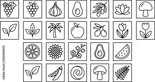 Photos Natural organic ingredients and food line icons mega set with fruits vegetables