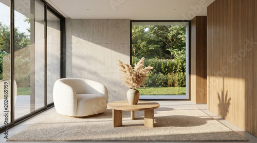 Minimalist, japandi interior design of modern living room with accent armchair