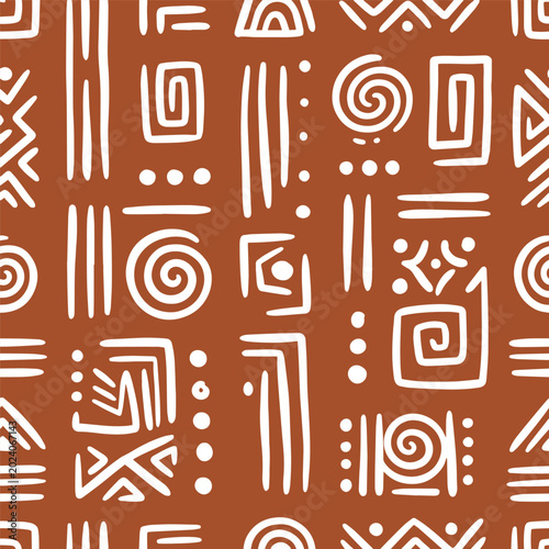 Ethnic tribal pattern with ancient symbols on a dark brown background vector illustration.