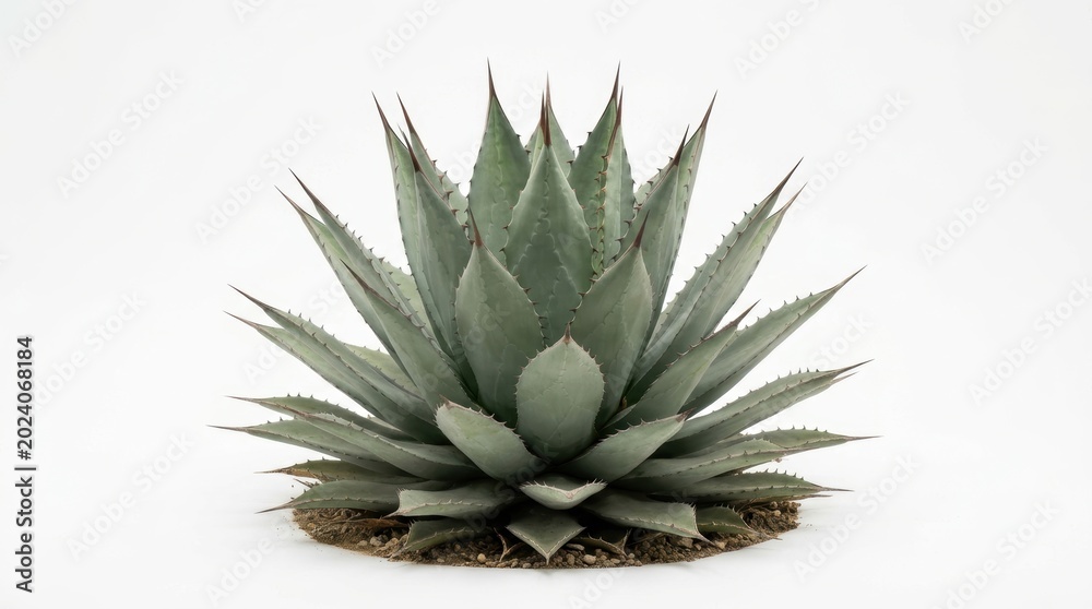 Fototapeta premium Blue agave plant with sharp pointed leaves, desert succulent on white background, symmetrical agave tequilana for botanical design and landscaping