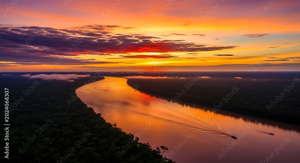Fototapeta premium Vibrant sunset illuminates a winding river with lush forested banks landscape