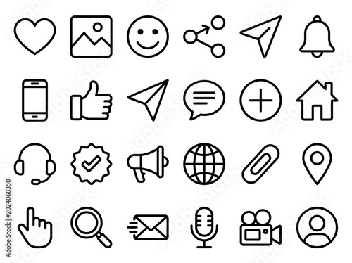 A collection of black outline social media and communication icons on a white background, including like, share, notification, message, and profile symbols.