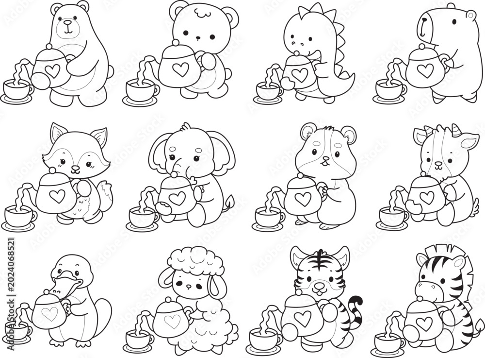 Fototapeta premium Coloring pages of cute wild animals and pet. Outline of animals 